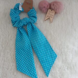 Scrunchie šitá gumička-mašle světle modrá s puntíky